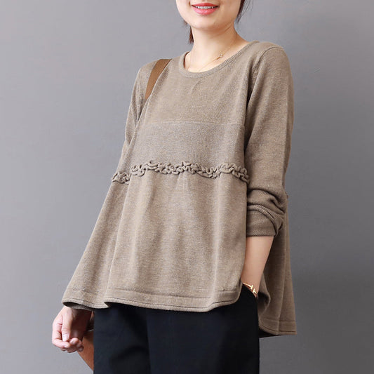 women khaki sweater fall fashion patchwork sweaters vintage ruffles fall blouse