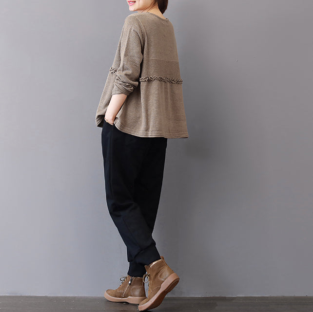 women khaki sweater fall fashion patchwork sweaters vintage ruffles fall blouse