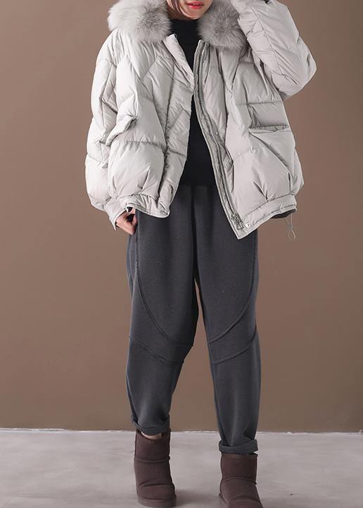 women light gray down jacket oversize down jacket fur collar drawstring Luxury coats - SooLinen