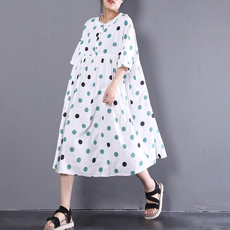 women linen shift dress oversized Loose Short Sleeve Dots Printed White Pleated Dress