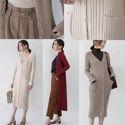 women nude Winter coat plus size V neck  long coat New pockets cardigan coats