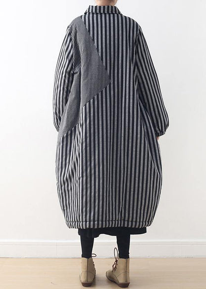 women oversize winter jacket POLO collar outwear gray striped patchwork thick women parka - SooLinen