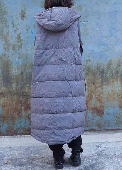 women plus size clothing winter jacket stand collar coats dark gray hooded sleeveless coats - SooLinen