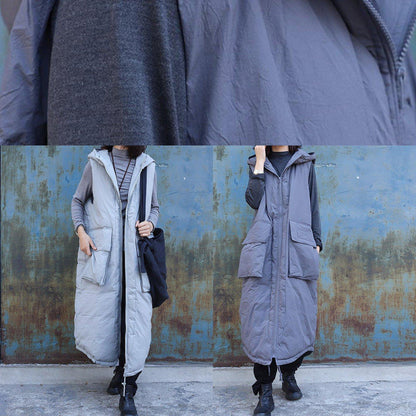 women plus size clothing winter jacket stand collar coats dark gray hooded sleeveless coats - SooLinen