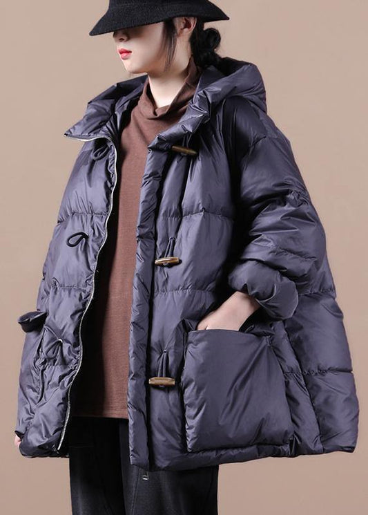 women plus size down jacket black hooded pockets goose Down coat - SooLinen