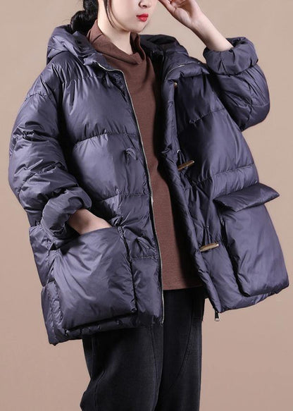 women plus size down jacket black hooded pockets goose Down coat - SooLinen