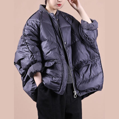 women plus size parka coats purple gray pockets zippered warm winter coat - SooLinen