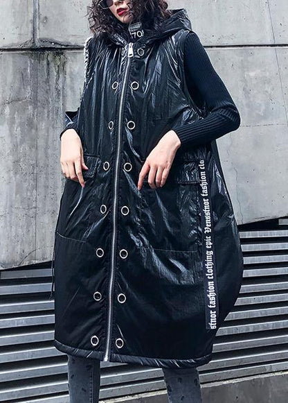 women plus size sleeveless warm winter coat black hooded zippered women parka - SooLinen