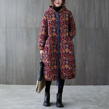 women plus size warm winter coat winter coats burgundy print hooded pockets coat - SooLinen