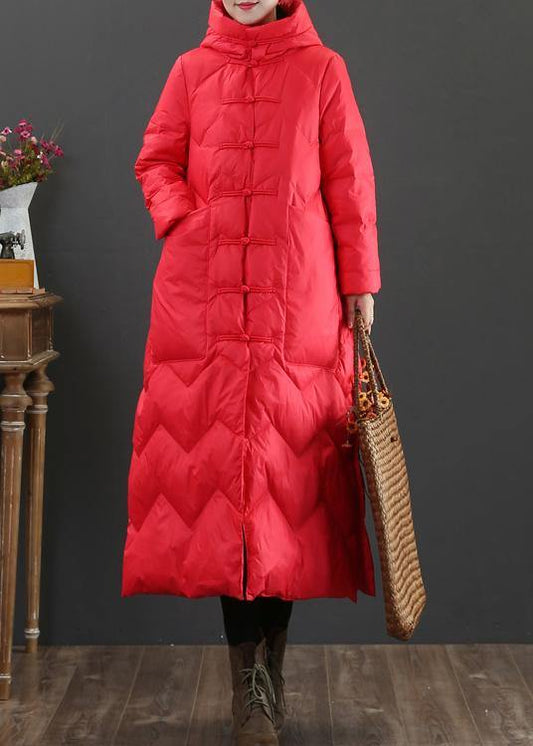 women plus size winter outwear red hooded Chinese Button duck down coat - SooLinen