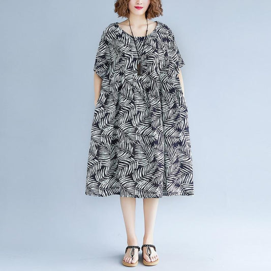 women print cotton linen dresses plus size clothing short sleeve baggy dresses New o neck traveling dress