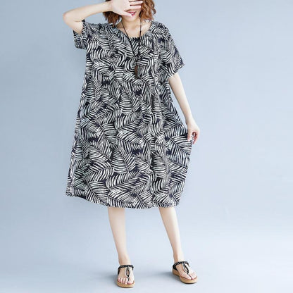 women print cotton linen dresses plus size clothing short sleeve baggy dresses New o neck traveling dress