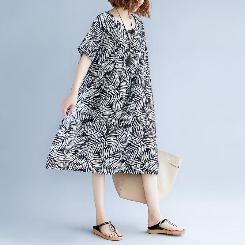 women print cotton linen dresses plus size clothing short sleeve baggy dresses New o neck traveling dress