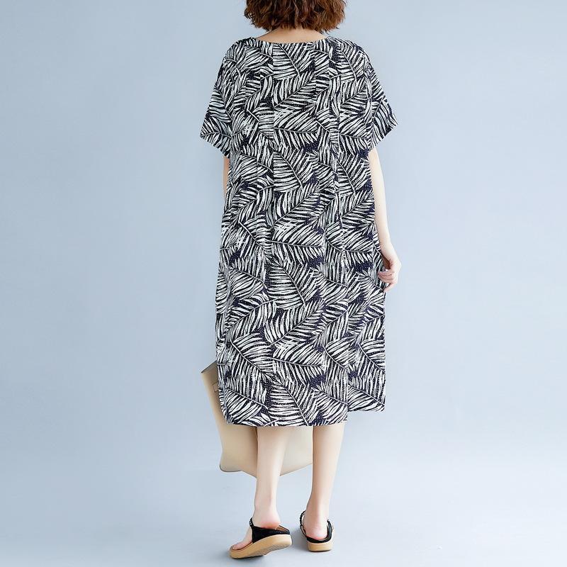 women print cotton linen dresses plus size clothing short sleeve baggy dresses New o neck traveling dress