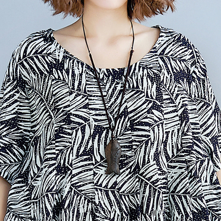 women print cotton linen dresses plus size clothing short sleeve baggy dresses New o neck traveling dress