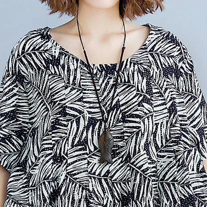 women print cotton linen dresses plus size clothing short sleeve baggy dresses New o neck traveling dress