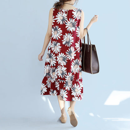 women red linen dresses oversize traveling dress Fine sleeveless floral cotton dresses
