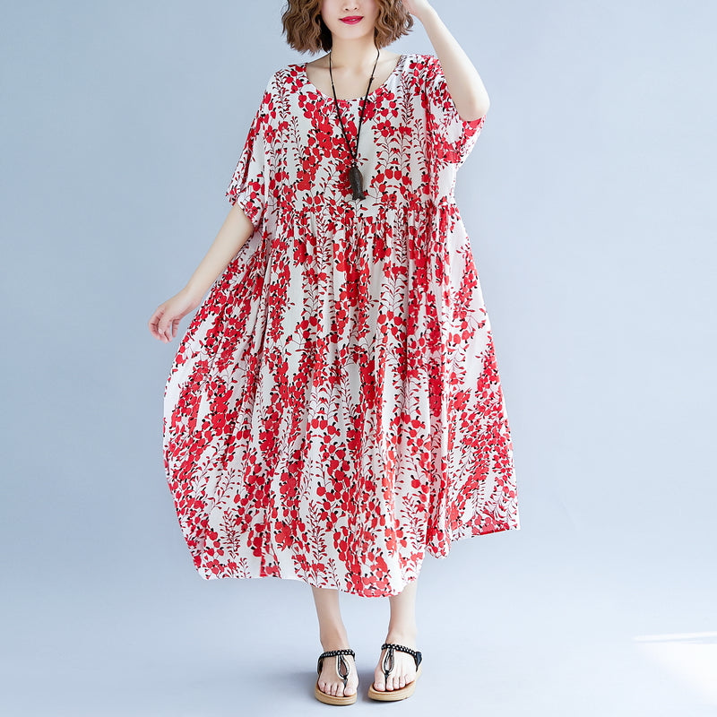 women red linen maxi dress oversize short sleeve print long cotton dresses fine o neck traveling clothing