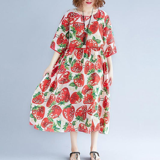 women red print natural Chiffon dress oversized dress boutique short sleeve o neck Extra large hem midi dress