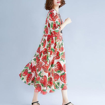 women red print natural Chiffon dress oversized dress boutique short sleeve o neck Extra large hem midi dress