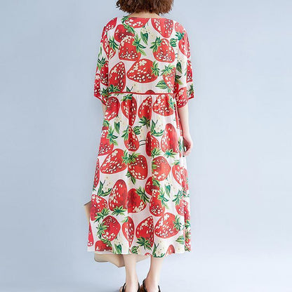 women red print natural Chiffon dress oversized dress boutique short sleeve o neck Extra large hem midi dress