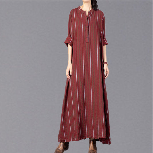 women red striped trendy plus size stand collar gown vintage baggy pockets maxi dresses