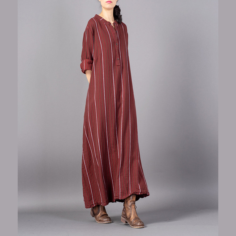 women red striped trendy plus size stand collar gown vintage baggy pockets maxi dresses