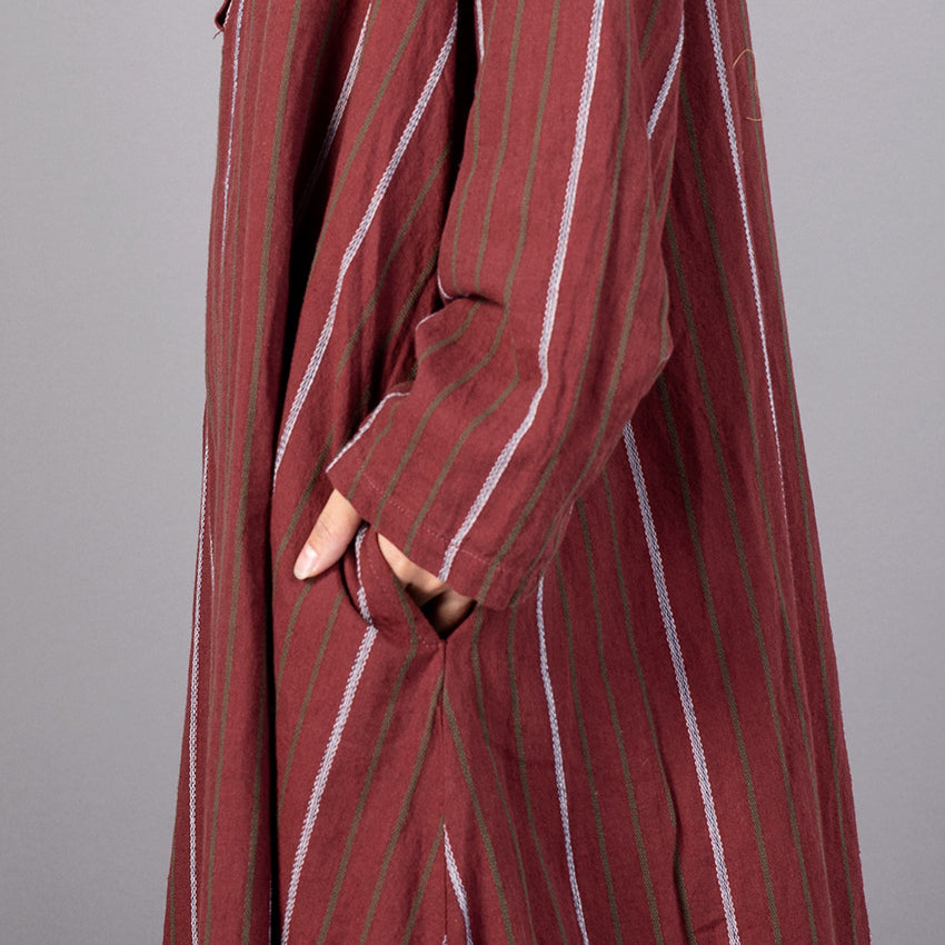 women red striped trendy plus size stand collar gown vintage baggy pockets maxi dresses