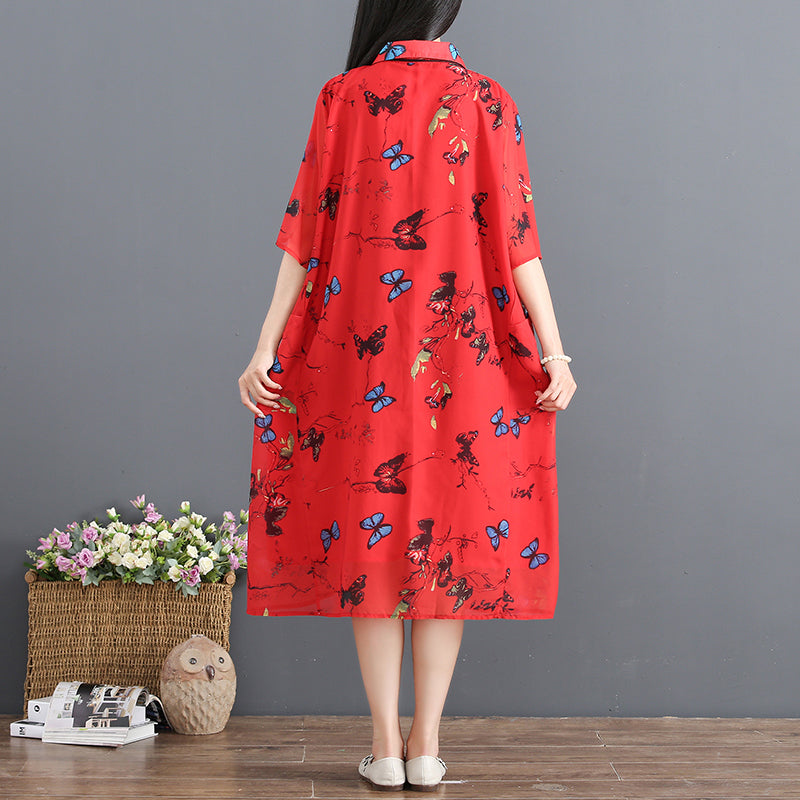 women red summer dress turn down collar Half sleeve cocktail dress print baggy dresses chiffon sundress