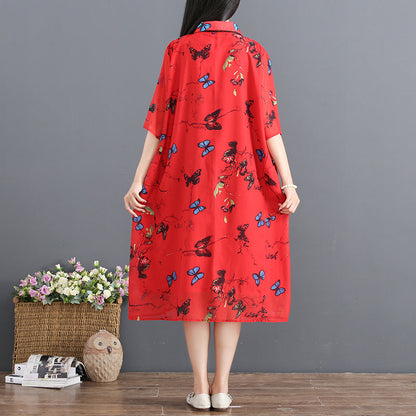 women red summer dress turn down collar Half sleeve cocktail dress print baggy dresses chiffon sundress