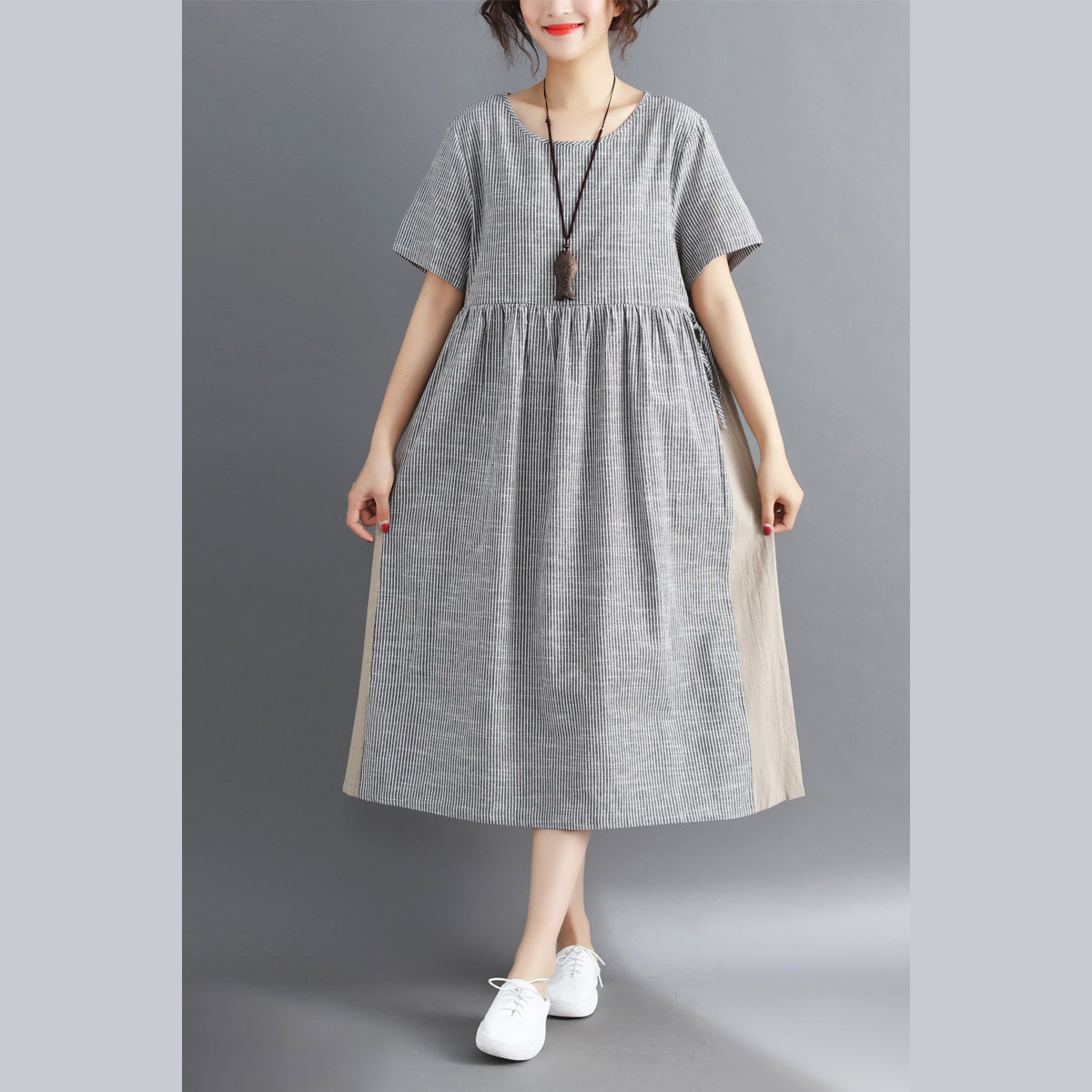 women striped Midi cotton linen dresses casual traveling dress vintage short sleeve tie waist v neck cotton linen clothing