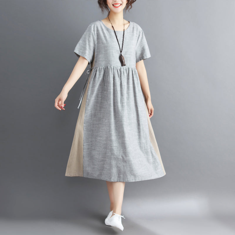 women striped Midi cotton linen dresses casual traveling dress vintage short sleeve tie waist v neck cotton linen clothing