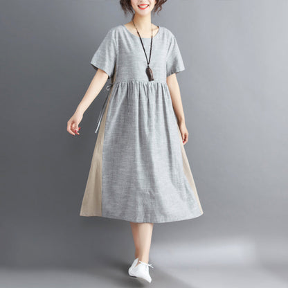women striped Midi cotton linen dresses casual traveling dress vintage short sleeve tie waist v neck cotton linen clothing