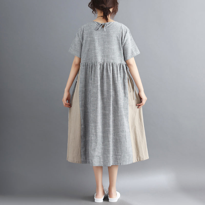 women striped Midi cotton linen dresses casual traveling dress vintage short sleeve tie waist v neck cotton linen clothing