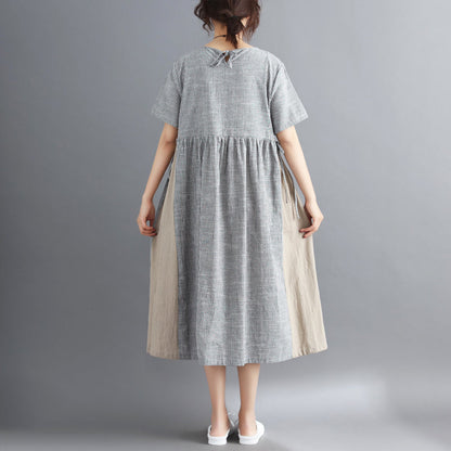 women striped Midi cotton linen dresses casual traveling dress vintage short sleeve tie waist v neck cotton linen clothing