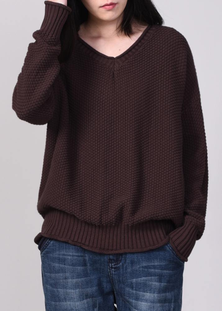 women v neck sweater oversize solid color sweaters chocolate - SooLinen