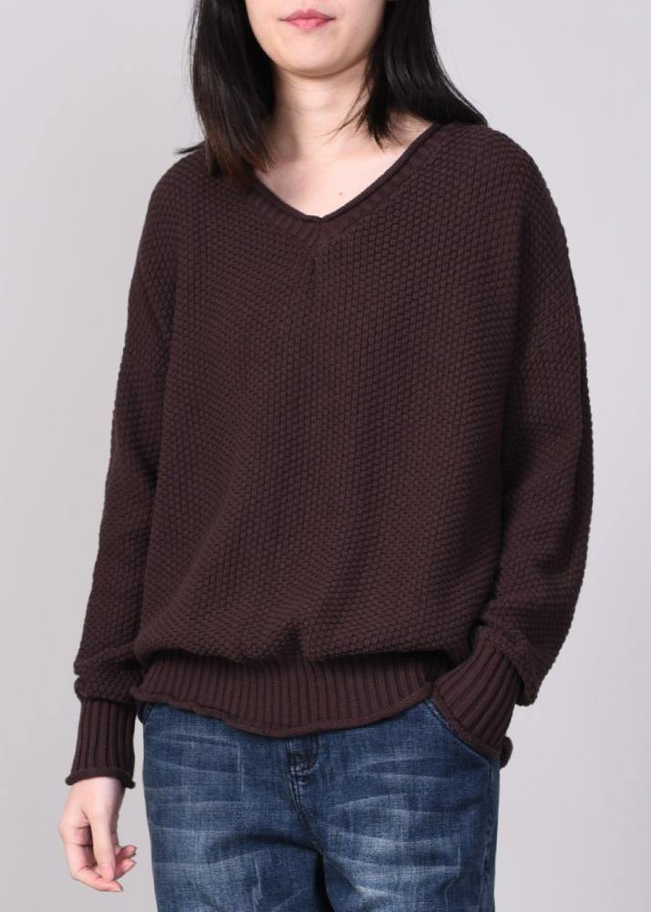 women v neck sweater oversize solid color sweaters chocolate - SooLinen