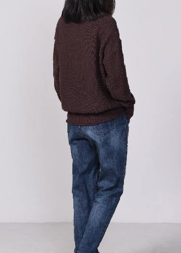 women v neck sweater oversize solid color sweaters chocolate - SooLinen