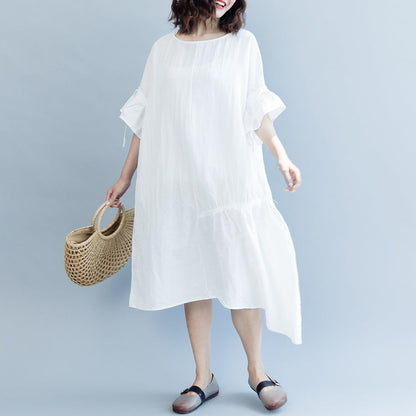 women white long cotton linen dress plus size O neck drawstring caftans fine Petal Sleeve baggy dresses