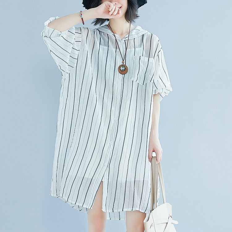 women white pure cotton dress casual dress women long sleeve Hooded striped clothing dress