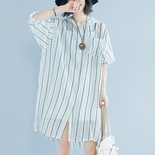 women white pure cotton dress casual dress women long sleeve Hooded striped clothing dress