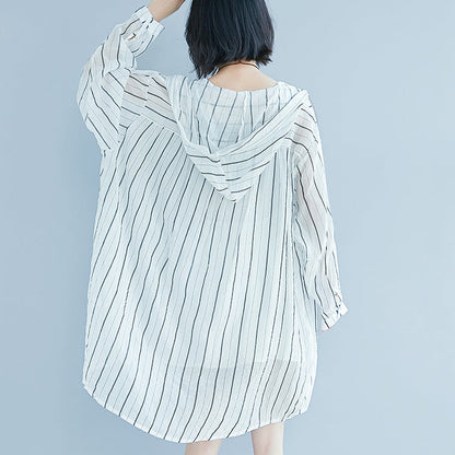 women white pure cotton dress casual dress women long sleeve Hooded striped clothing dress