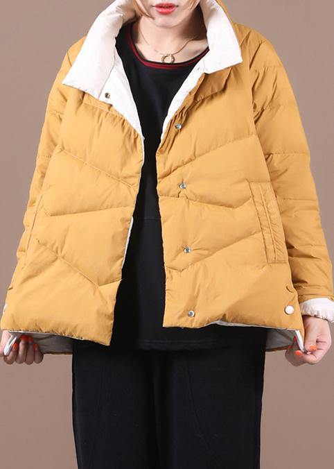 women yellow duck down coat Loose fitting snow jackets stand collar pockets Luxury overcoat - SooLinen