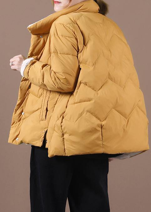 women yellow duck down coat Loose fitting snow jackets stand collar pockets Luxury overcoat - SooLinen