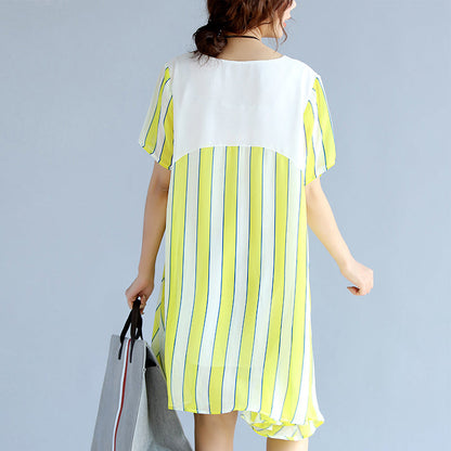 women yellow striped  chiffon dress oversized chiffon patchwork o neck chiffon clothing dresses