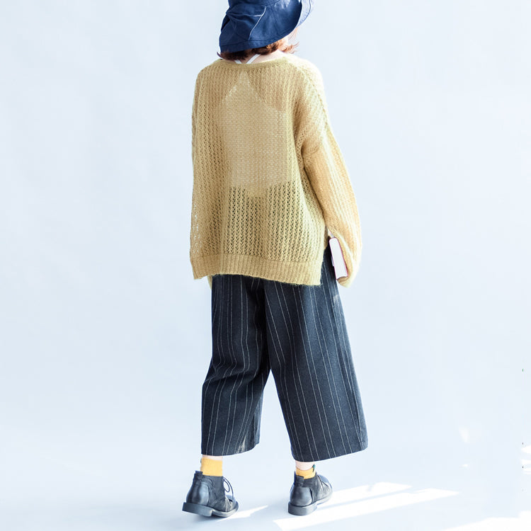 yellow green fashion cotton sweater oversize side open cable knit hollow out sweaters