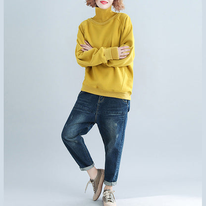 yellow stylish false two pieces sweaters knit sweat tops high neck blouse