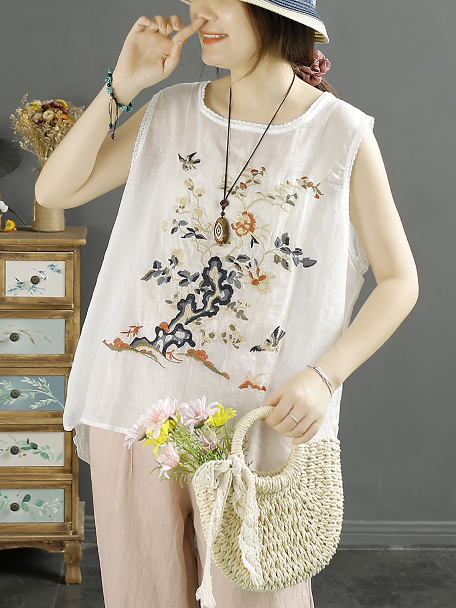 Women Summer Vintage Flower Embroidery Loose Ramie Vest