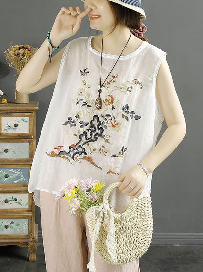 Women Summer Vintage Flower Embroidery Loose Ramie Vest