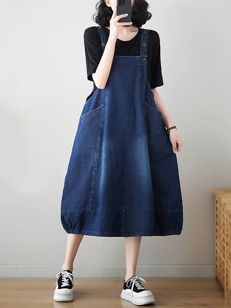 Women Summer Solid Worn Demin Suspender Dress